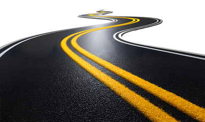 Winding asphalt road with bright double yellow lines and white edge stripes, leading towards a distant horizon