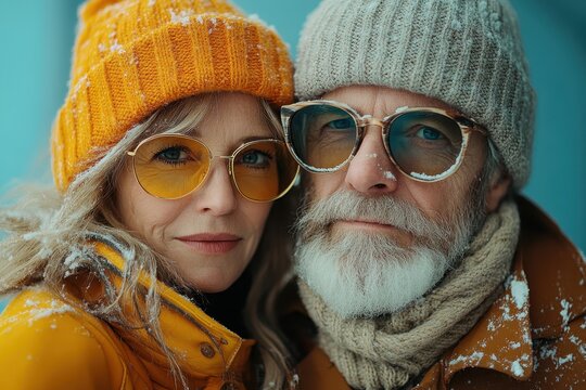 A cheerful couple enjoying a snowy winter day in cozy knit hats and stylish glasses amidst a frosty backdrop
