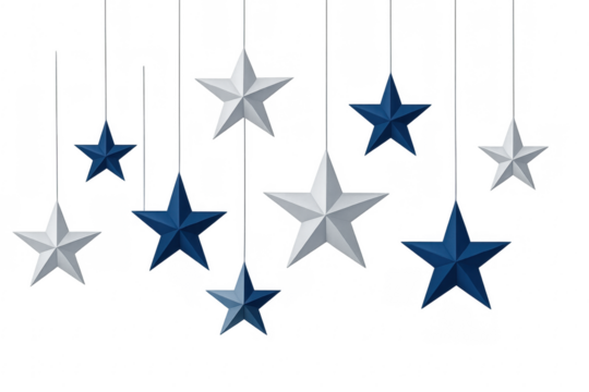 Hanging blue and white stars decoration on transparent background