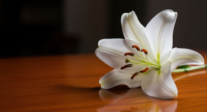 White lily on wooden surface with blank left space for condolence messages, text templates, obituary design