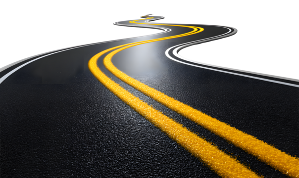 Winding asphalt road with bright double yellow lines and white edge stripes, leading towards a distant horizon