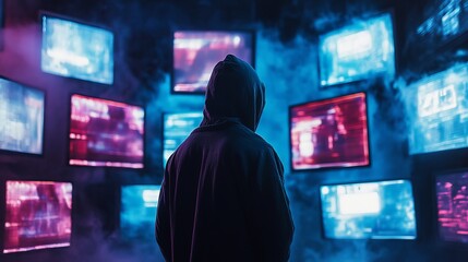 Mysterious figure in hoodie observes multiple glowing screens displaying abstract data, creating a sense of intrigue and digital surveillance