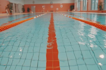 Obraz premium Serenity captured in a pristine indoor swimming pool emphasizing reflections and the soothing colors of clear water along with its vibrant orange lane markers and tranquil ambiance