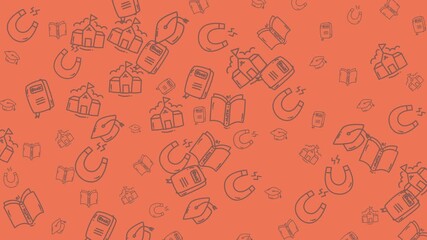 A playful doodle pattern featuring educational and community symbols like books, graduation caps, and fair tents on a warm background