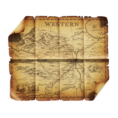3d illustration of a vintage, folded, and aged treasure map with detailed illustrations of mountains and rivers, isolated on transparent background