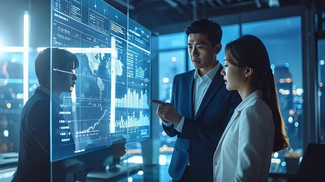 Two Business People Analyzing Stock Market Data on a Futuristic Transparent Display in a Modern Office at Night