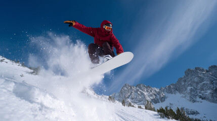 Professional snowboarder captured mid-jump against bright blue sky, surrounded by flying snow, winter adventure and extreme sports energy, alpine landscape in background snowboardi