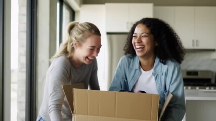 Two happy female friends moving into a new apartment together