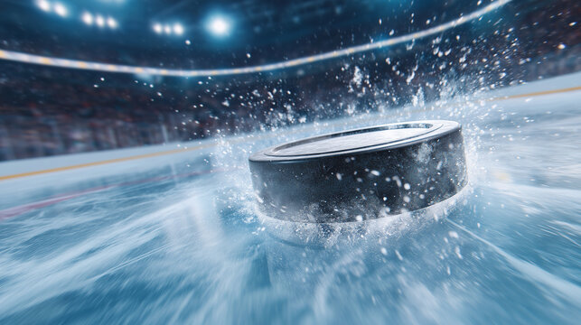 Hockey puck flying toward the net, ice sparks and motion blur, decisive goal moment hockey, goal, puck, ice, net, energy, power, victory, action, motion, competition, winter, adren