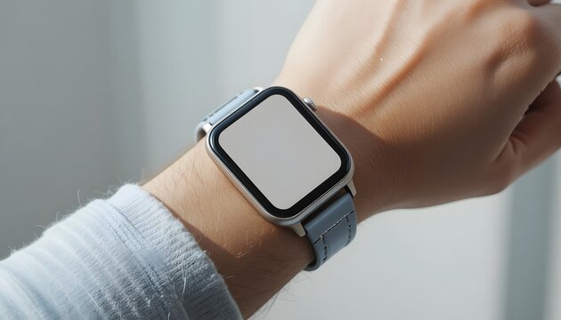 Stylish smartwatch mockup on wrist with blank white screen for app advertising, perfect for tech demos and UI design showcase, modern wearable device