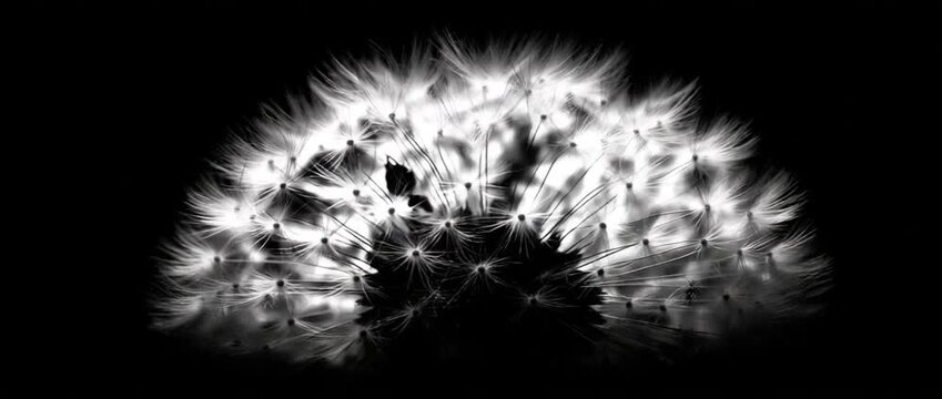 Close up of dandelion seed head against black background nature concept