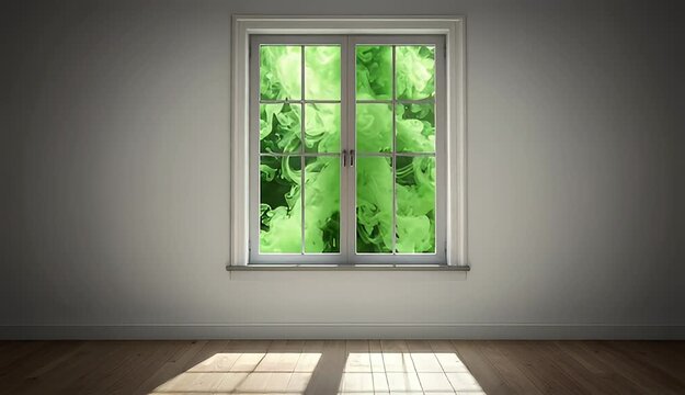 Abstract Green Smoke Billowing Through A Modern Window Frame On A White Wall With Sunbeams On The Wooden Floor