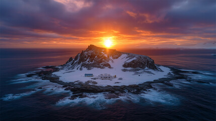 Fototapeta premium Drone view of Vernadsky Research Base surrounded by glaciers and ocean under dramatic Antarctic sunset antarctica, ukraine, vernadsky, station, research, drone, aerial, ice, glacie