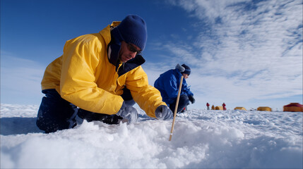 Modern climate-research camp in Antarctica during the International Polar Year 2007-08, scientists drilling ice cores and measuring past weather patterns. Keywords: Antarctica, cli