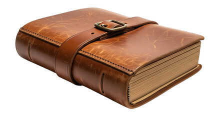 3d illustration of a closed vintage brown leatherbound journal with a strap and buckle, isolated on a transparent background