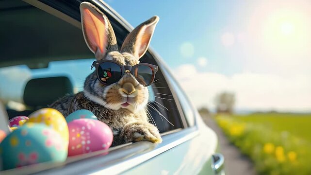 Whimsical Easter Bunny with Sunglasses Enjoys a Sunny Road Trip with Colorful Eggs Peeking from Car Window