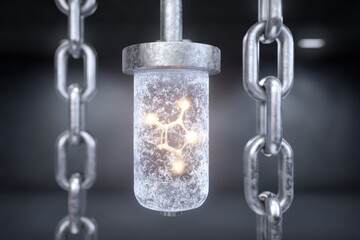 Intricate molecular structure encapsulated in a textured glass tube glowing against an industrial background highlighting innovation and scientific discovery in modern research