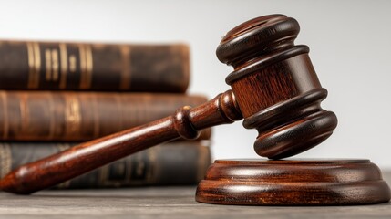 Judge Gavel on Desk with Law Books on white background