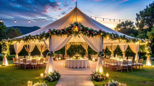 Elegant Outdoor Wedding Tent Reception Scene at Dusk with String Lights and Floral Decorations Set on Lush Green Lawn
