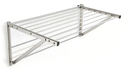 A wall mounted collapsible clothes drying rack made of metal with horizontal bars on a white background