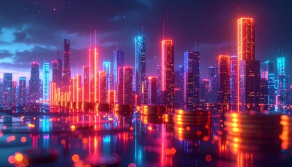 Fototapeta premium A pile of gold coins or digital tokens reflects the city lights, depicting the concept of technology, digital finance, and the future economy.ne