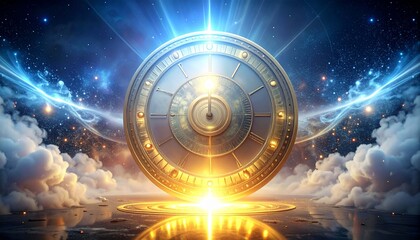 A large, golden antique clock with detailed engravings and Roman numerals, floating amidst a universe full of stars and nebulae.ce