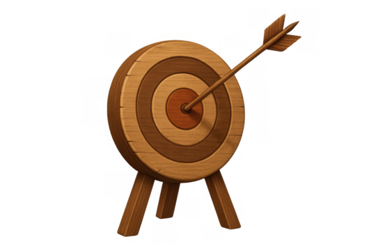 Wooden archery target with arrow hitting bullseye showing business goal achievement and accurate success