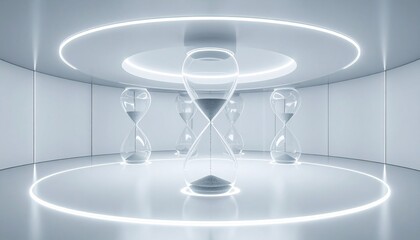 F technology, and the future are depicted through several hourglasses placed in a futuristic white room with circular neon lighting.l