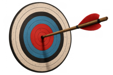 Archery target with wooden arrow hitting bullseye, symbolizing goal, success, and accuracy, transparent background