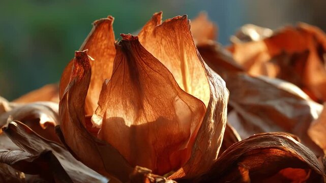 Closeup medium shot of aromatic pomelo peels drying in sunlight highlighting their textured surface and zest release.