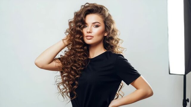 Young woman with long curly brown hair posing in a studio with a softbox