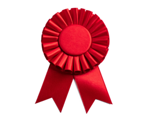 Red ribbon rosette isolated on a transparent background.