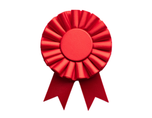 Red ribbon rosette isolated on a transparent background.