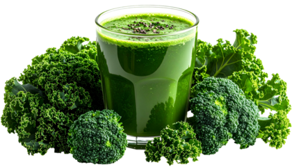 A vibrant green smoothie in a glass, surrounded by fresh kale and broccoli