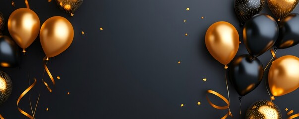 Black and gold balloons with confetti on a dark background, creating festive atmosphere