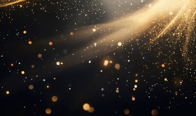 Golden glitter particles and glowing bokeh lights creating a festive, elegant, and abstract background