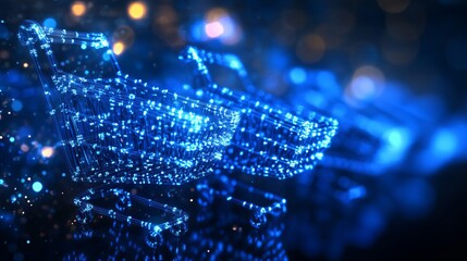 Futuristic shopping experience with glowing blue carts offering a modern digital retail design for e-commerce innovation and online sales growth