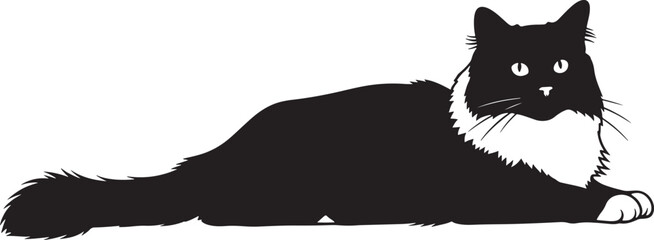 Black and white silhouette of a fluffy long-haired cat lying down gracefully with white chest fur and tail extended