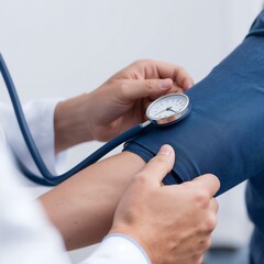 Doctor checking patient s blood pressure with a stethoscope and cuff