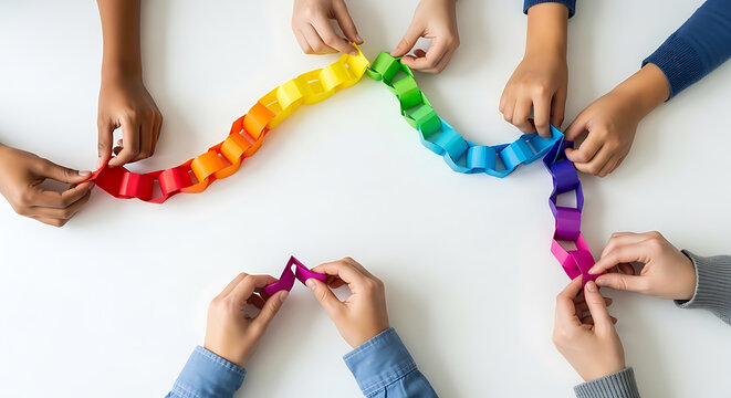 Diverse hands collaborating to build a colorful rainbow paper chain, symbolizing teamwork, unity, and creative connection