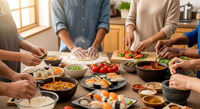Diverse group of people cooking various dishes like sushi, pizza, and fresh ingredients in a bright kitchen. Culinary workshop or cooking class.