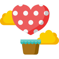 Red Heart Shaped Hot Air Balloon with White Polka Dots Floating Above Yellow Clouds Over a Brown Basket Detailed Flat Design Illustration