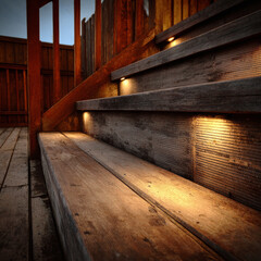 Wooden outdoor deck features stairs illuminated by warm lights, creating cozy atmosphere for evening gatherings