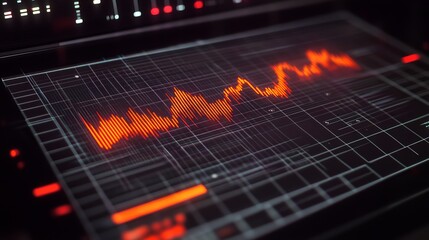 Dynamic orange financial chart displays volatile market trends on a futuristic digital screen glowing with data analytics