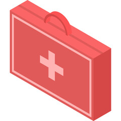 Red Isometric First Aid Kit Medical Box With White Cross Symbol On Transparent Background Flat Design