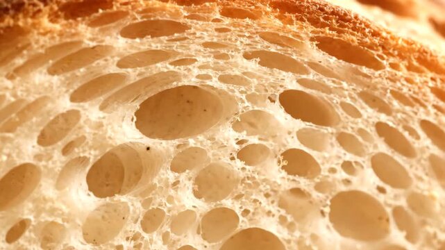 Extreme close-up macro shot of the porous texture of freshly baked artisan sourdough bread