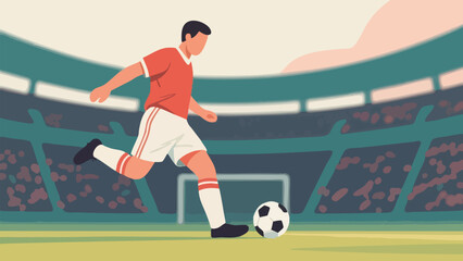 Fototapeta premium An illustration of a male soccer player kicking a ball on a green field inside a large stadium.