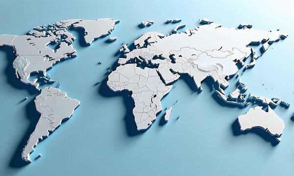 Global Digital World Map with Countries Highlighted on a Bright Blue Background with Subtle Lighting and Shadows