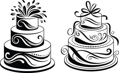 Elegant decorative cake silhouette vector illustration with floral swirl design perfect for wedding, birthday, and celebration bakery graphic art