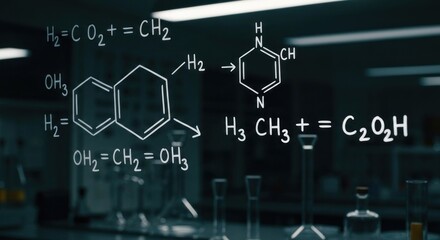 Chemical equations overlay lab bench with glassware, blurred background